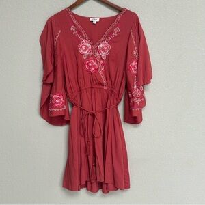 Umgee USA Rust Red Boho Floral Embroidered Bell Sleeve‎ Mini Dress Large Spring